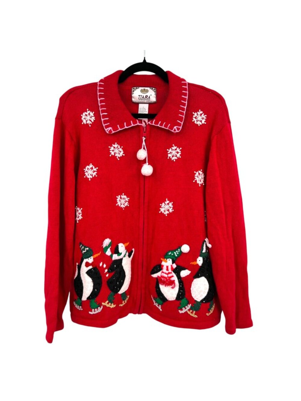 Tiara International Red Christmas Cardigan Penguins Snowflakes Size Large